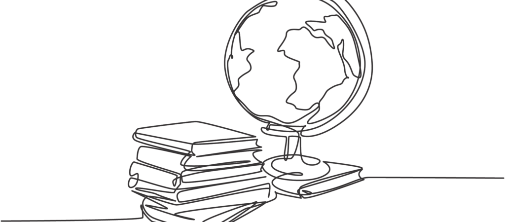 Graphic of black line forming book stack next to globe against white background.