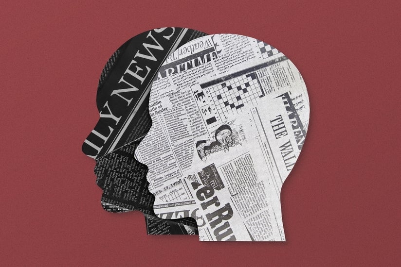 Graphic of two, overlapping heads made out of newspaper collages against a dark red background.