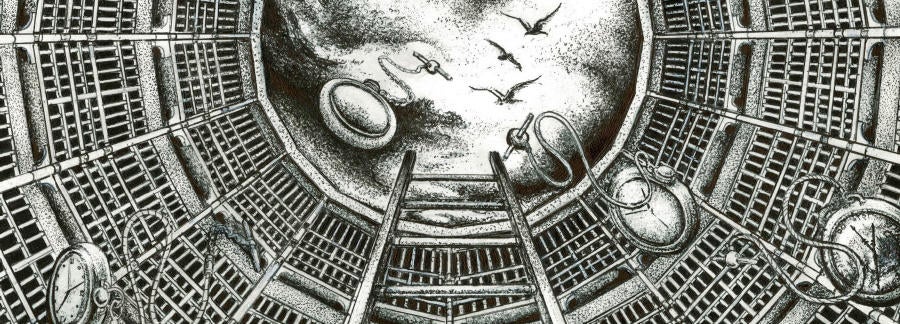 Artist sketch of pocket watchers rising towards cloudy sky with birds through shaft. "Last One Done in a Cell" by Vincent Nardone, courtesy of the artist and the CPA Prison Arts Program