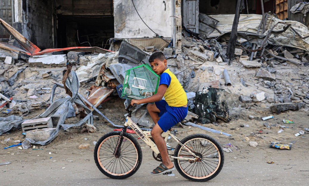 A Palestinian boy transports his bird on a bicycle past a destroyed building in Rafah in the southern Gaza Strip on November 6, 2023
