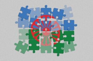 Graphic of puzzle of the Roma flag against grey background. Credit: Mary Delaware / Harvard Public Health.