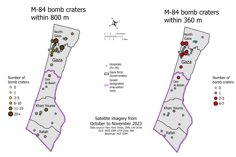 Side by side map graphics of the Gaza strip showing the location and proximity of of M84 bomb crates to healthcare facilities.