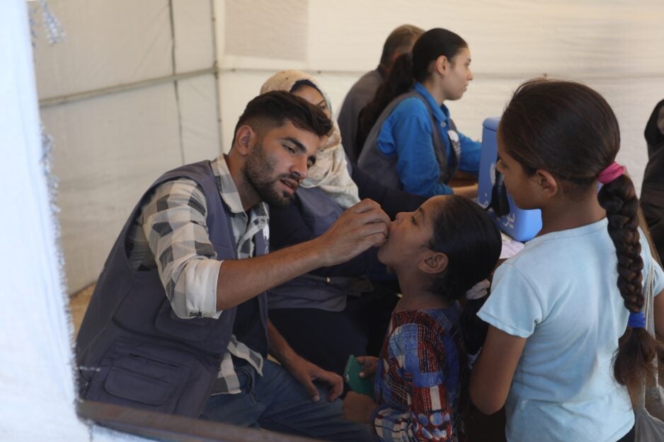 WHO, UNICEF and UNRWA deliver vaccinations to IDP tents on second day of polio vaccination campaign for Palestinian children in Deir al-Balah, central Gaza Strip, on September 2, 2024.